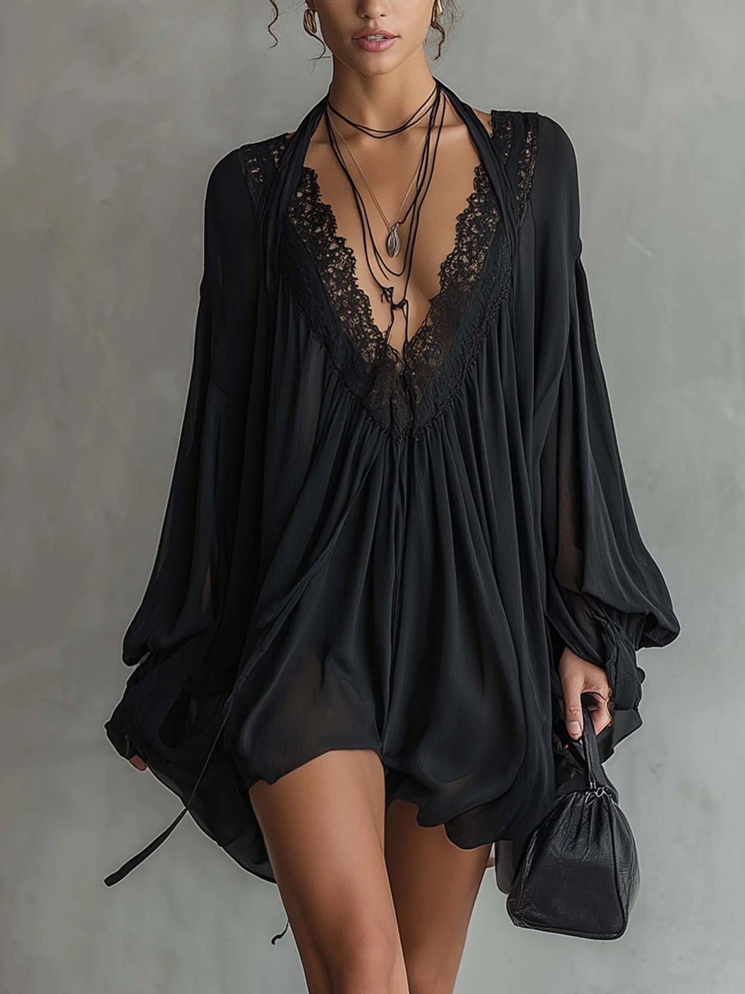 Solene | Flowing Lace-Trim Mini Dress