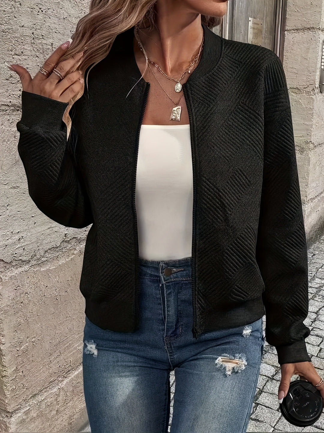 Delia | Textured Zip-Up Bomber Jacket