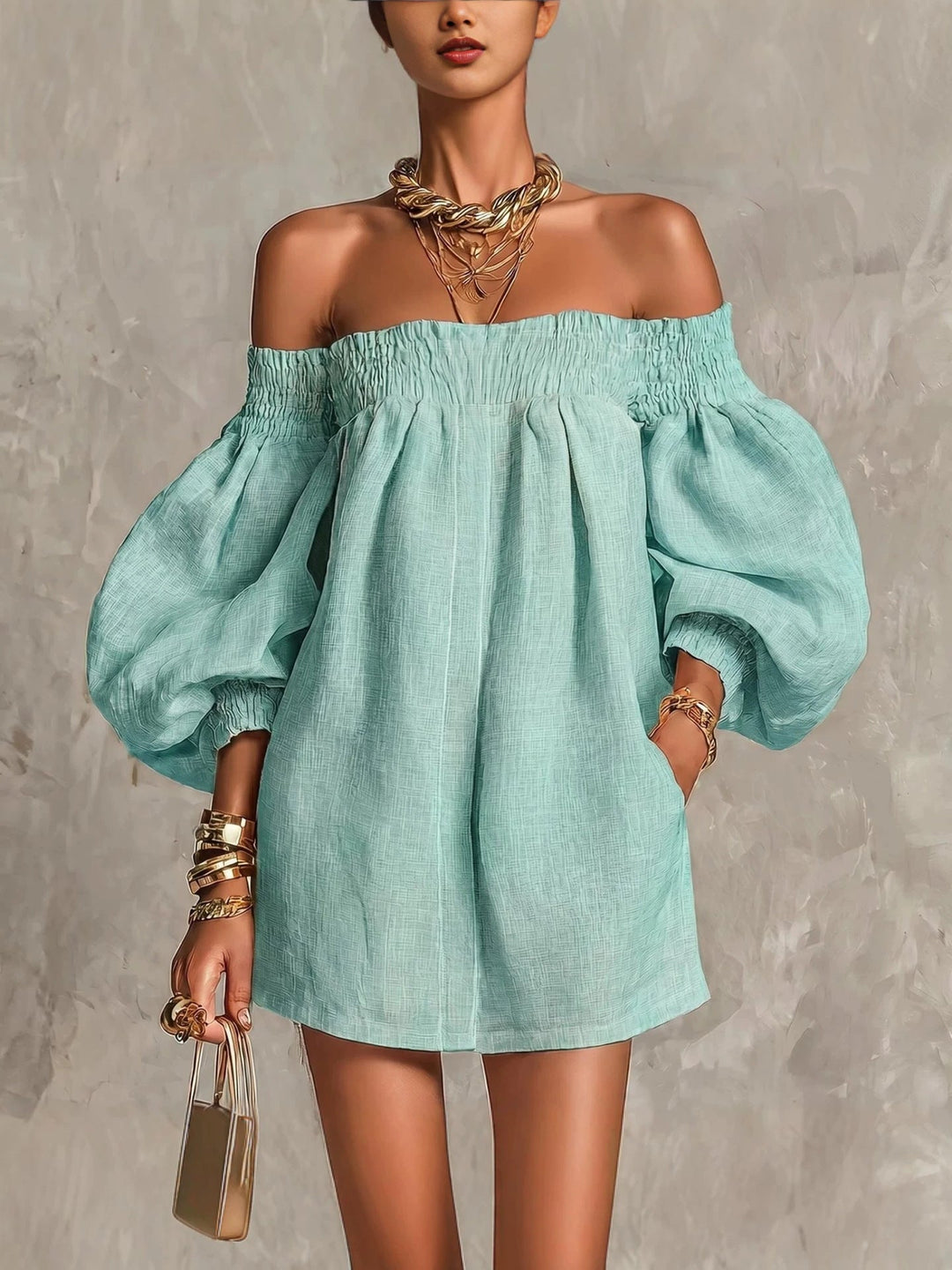 Whitney | Off-Shoulder Lantern-Sleeve Mini Dress