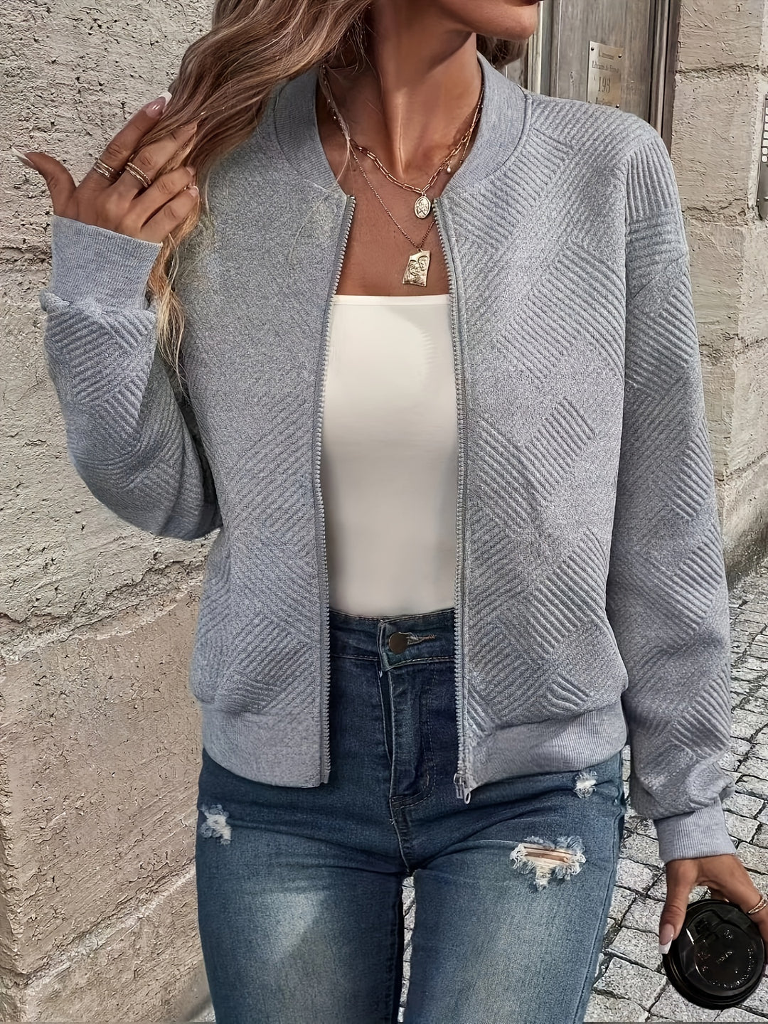Delia | Textured Zip-Up Bomber Jacket