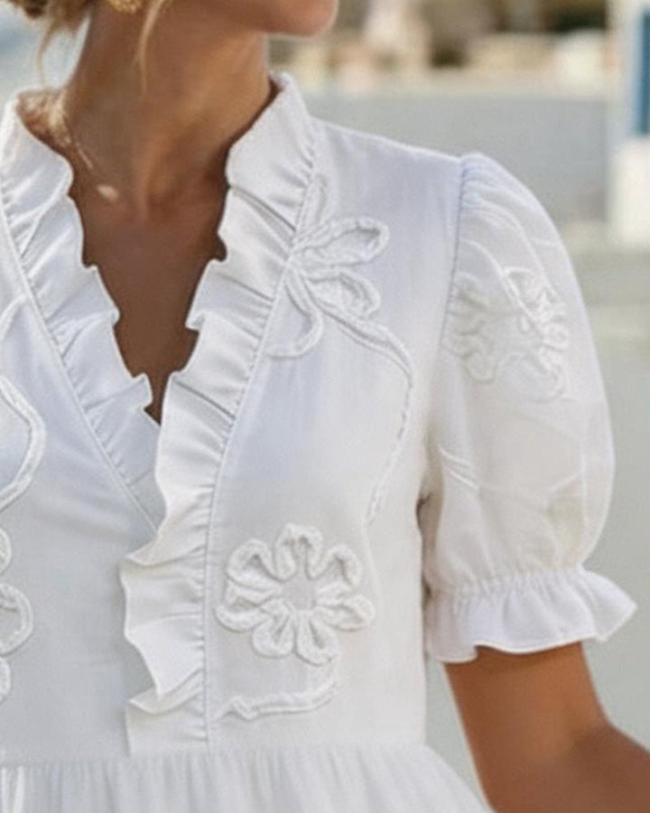 Emilia | Embroidered Ruffle V-Neck Dress