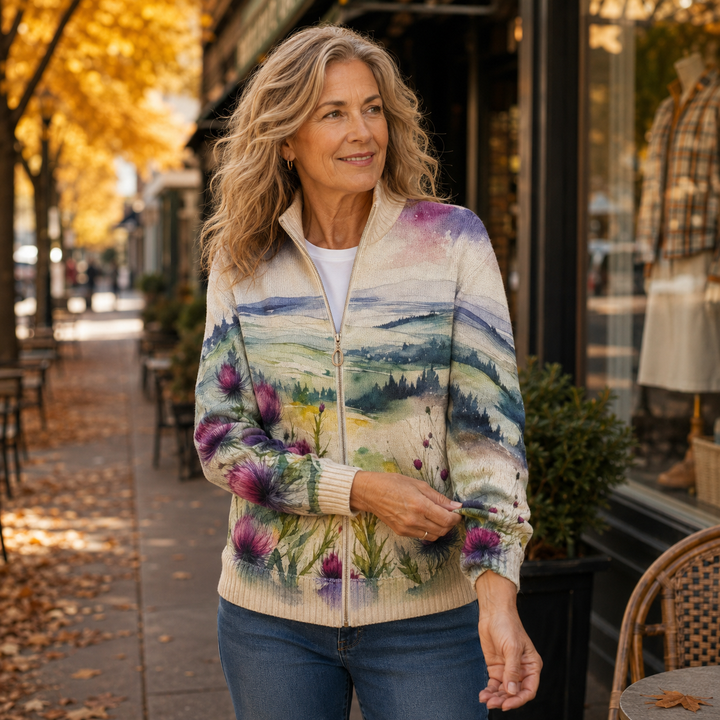 Isla | Watercolour Landscape Zip Cardigan