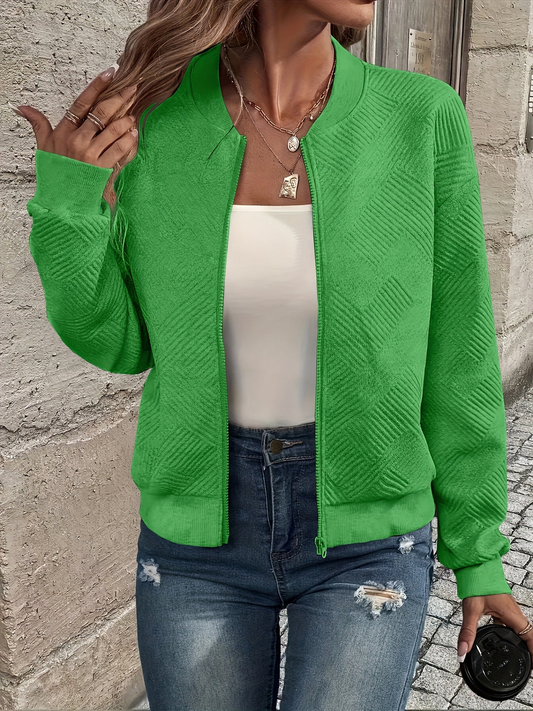 Delia | Textured Zip-Up Bomber Jacket