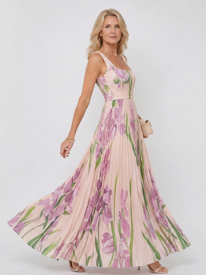 Melody | Pleated Floral Square-Neck Dress