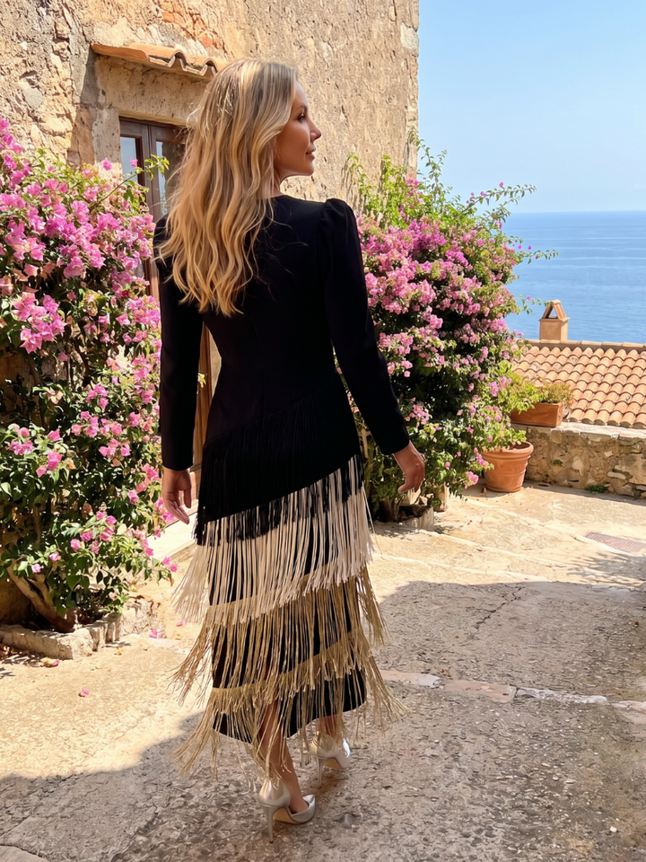 Marla | Long Sleeve Fringe Midi Dress