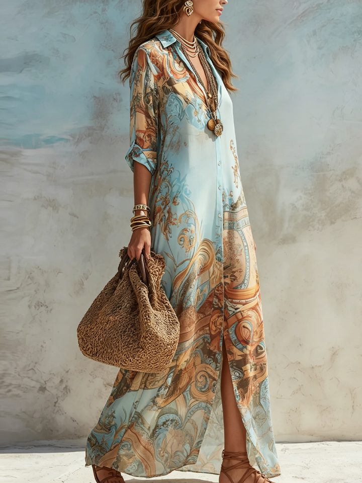 Emmeline | Flowing Baroque-Print Maxi Shirt Dress