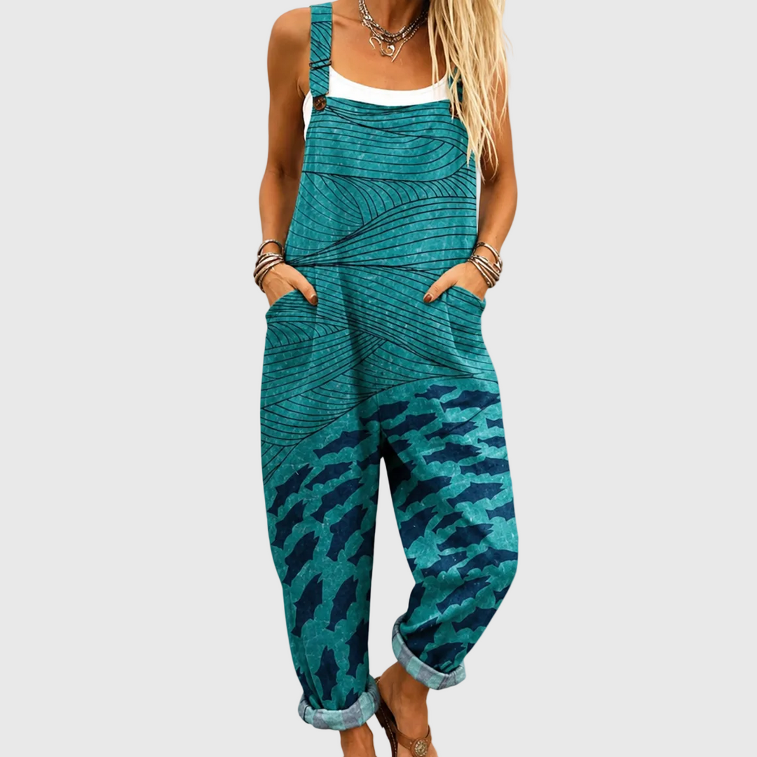 Iseult | Teal Wave Print Dungarees