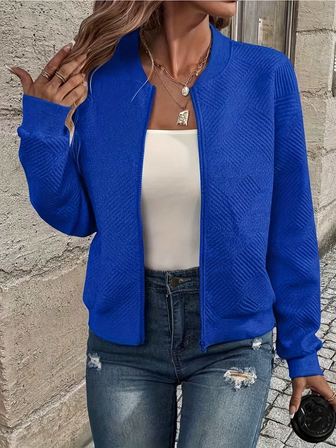 Delia | Textured Zip-Up Bomber Jacket