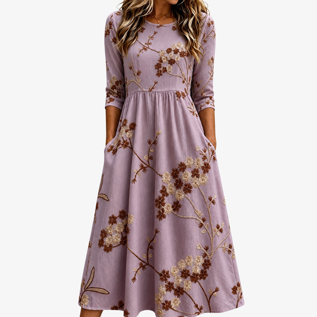 Hesper | Embroidered Floral Pocket Midi Dress