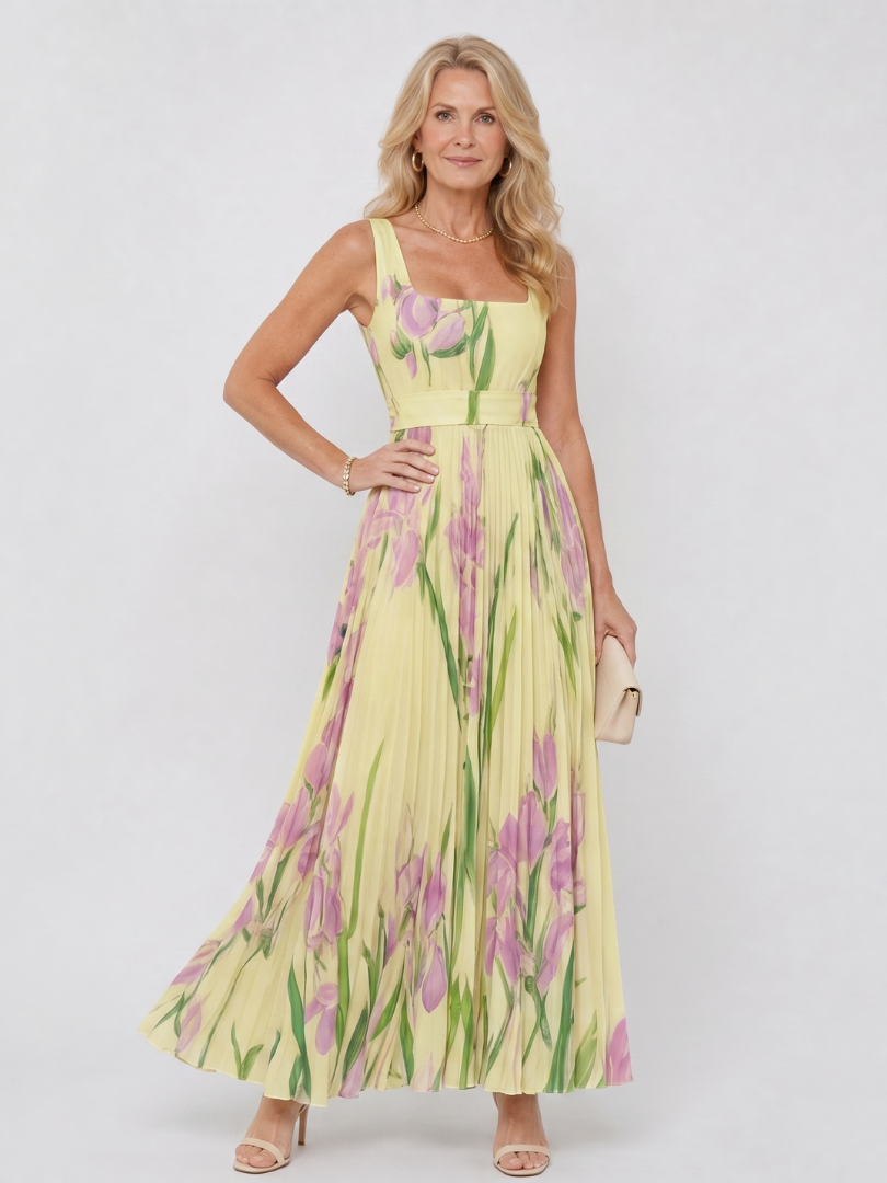 Melody | Pleated Floral Square-Neck Dress