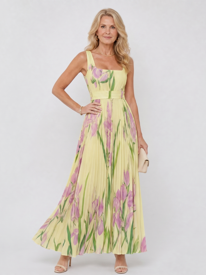 Melody | Pleated Floral Square-Neck Dress