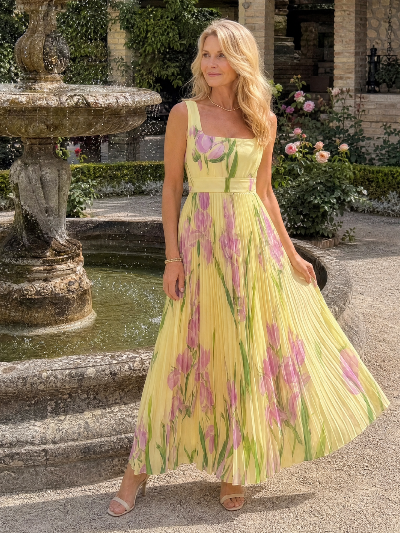 Melody | Pleated Floral Square-Neck Dress