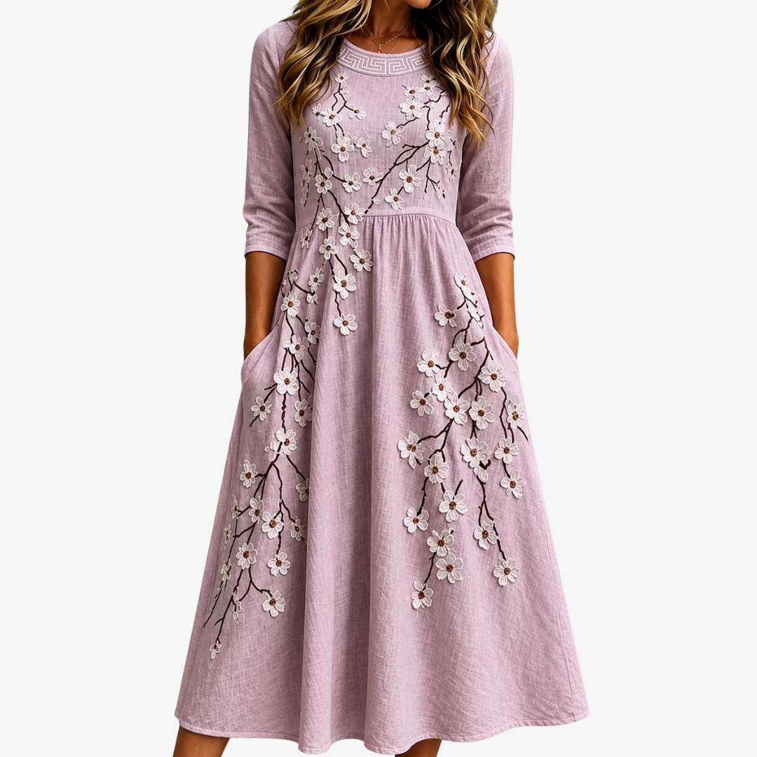 Beatrisa | Embroidered Blossom Midi Dress