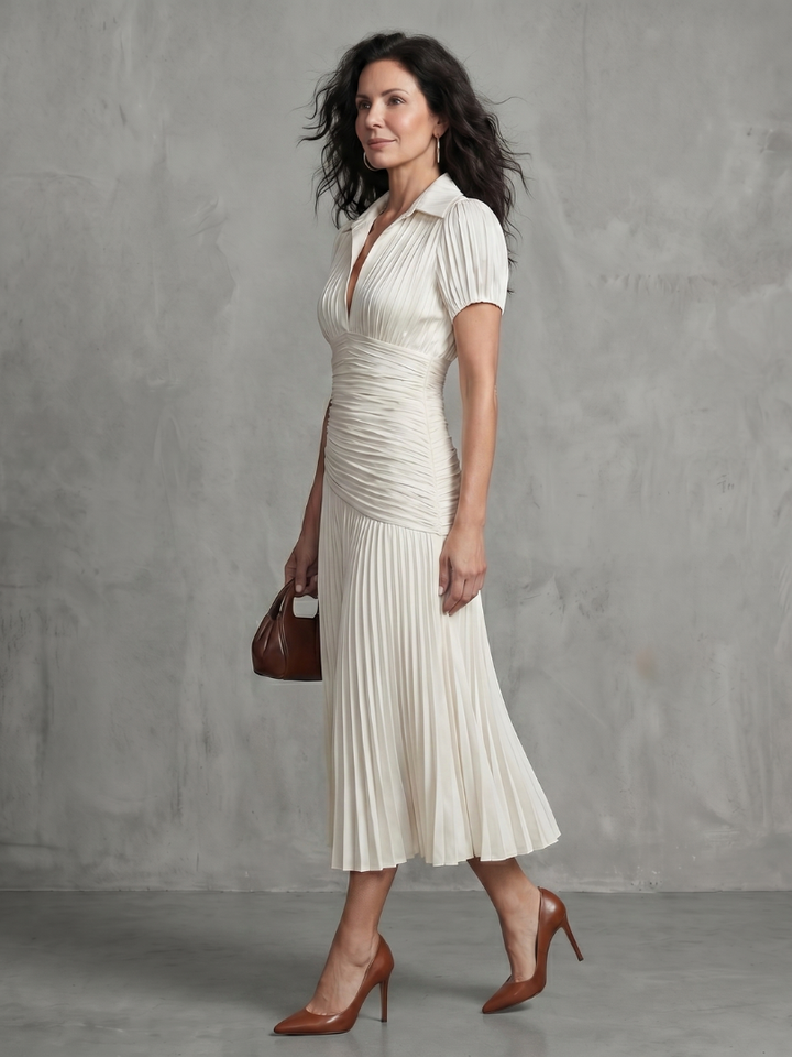 Constance | Pleated Waist Striped Midi Dress