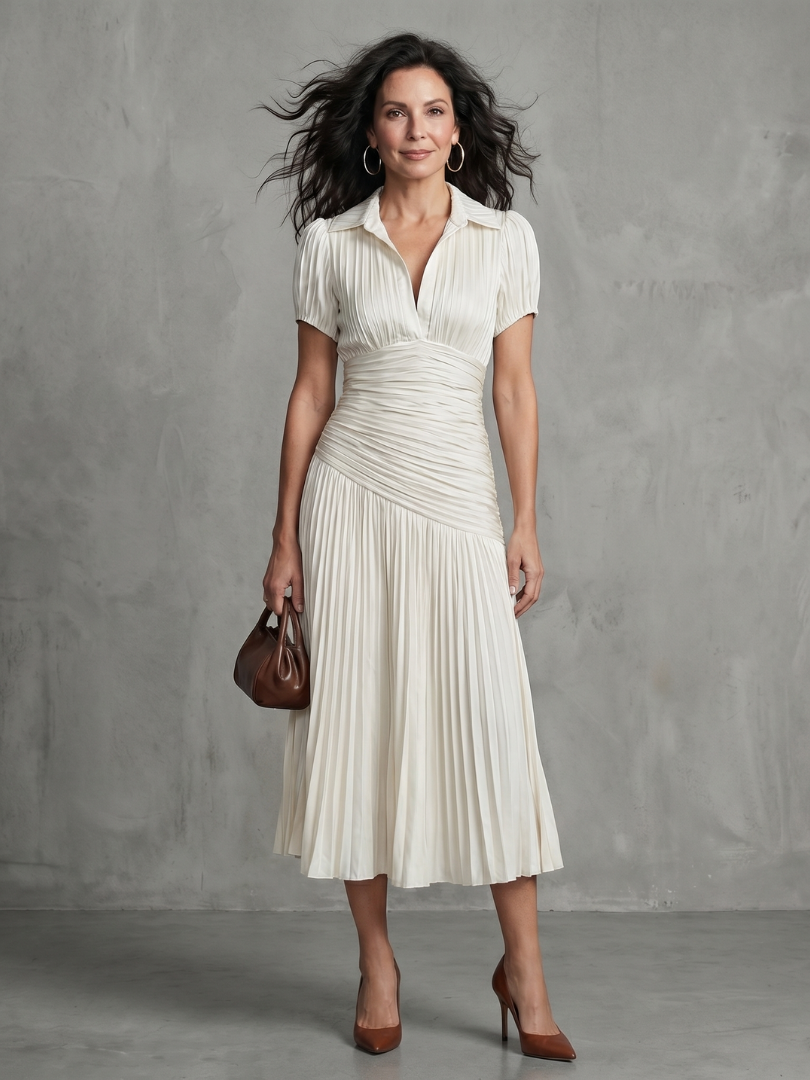 Meredith | Pleated Waistline Stripe Midi Dress