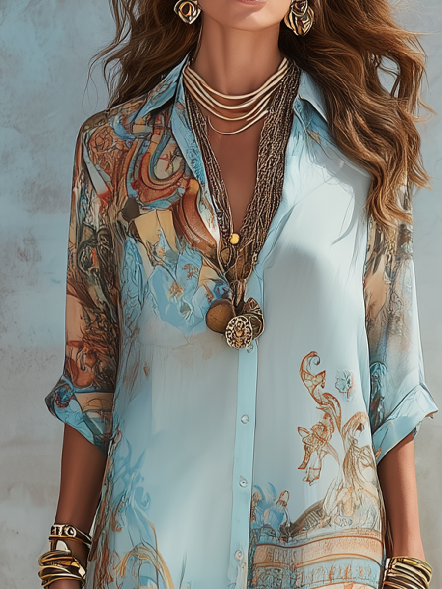 Emmeline | Flowing Baroque-Print Maxi Shirt Dress