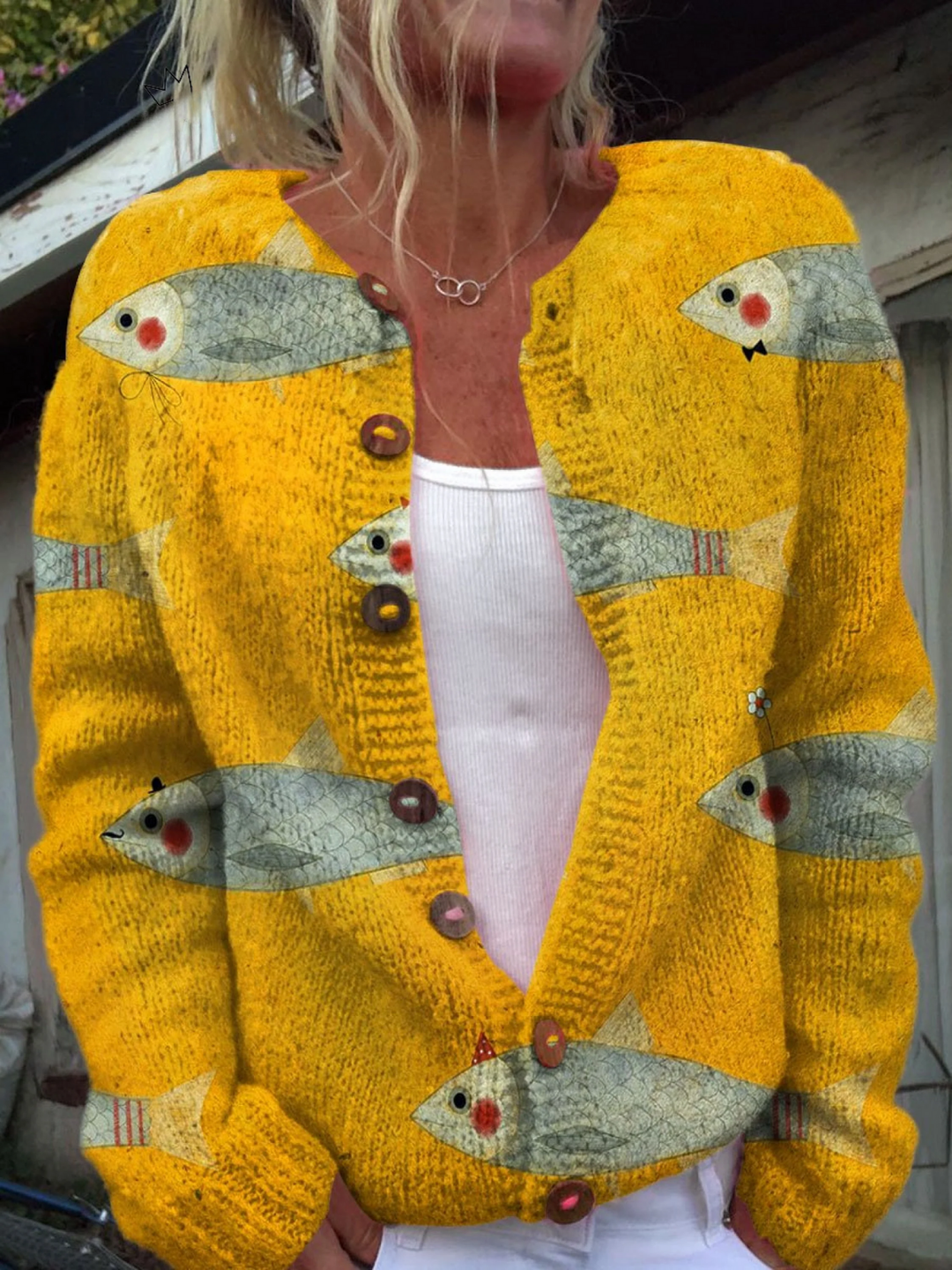 Saffron | Whimsical Fish-Print Cardigan