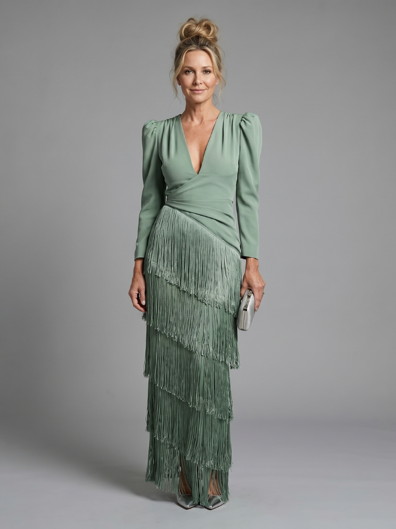 Marla | Long Sleeve Fringe Midi Dress