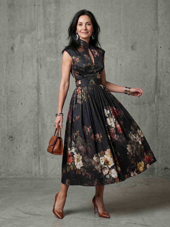 Charlotte | High-Neck Keyhole Floral Midi Dress