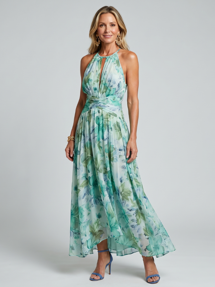 Elinor | Pleated Halter Floral Midi Dress