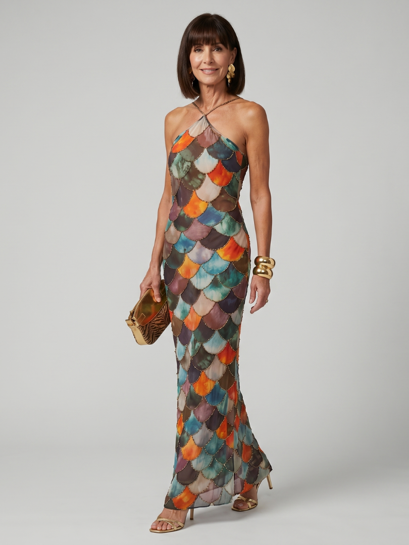 Elara | Fitted Scale-Pattern Maxi Dress