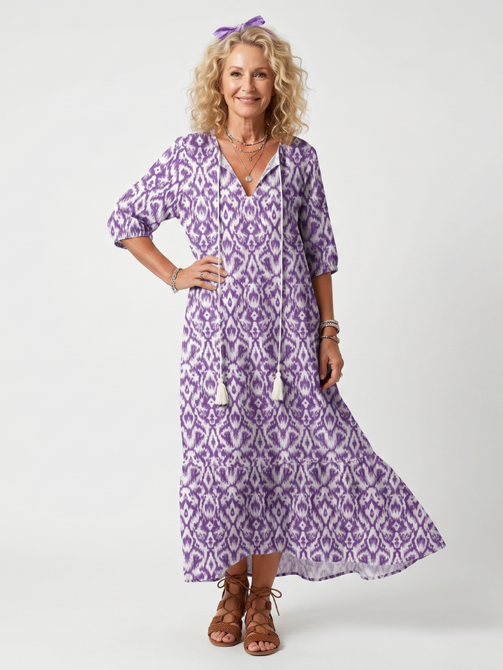 Heather | Printed Tassel-Tie Midi Dress