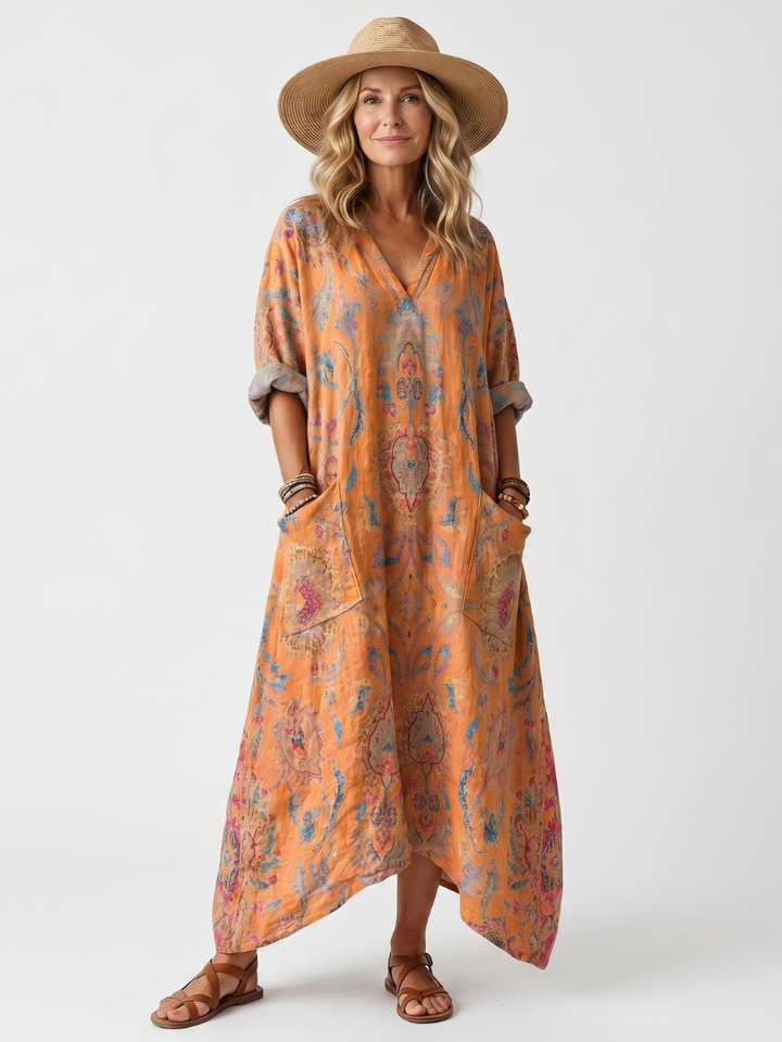 Ingrid | Notch Neck Printed Oversized Midi Dress