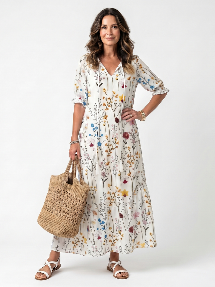 Miriam | Botanical Tassel-Tie Midi Dress