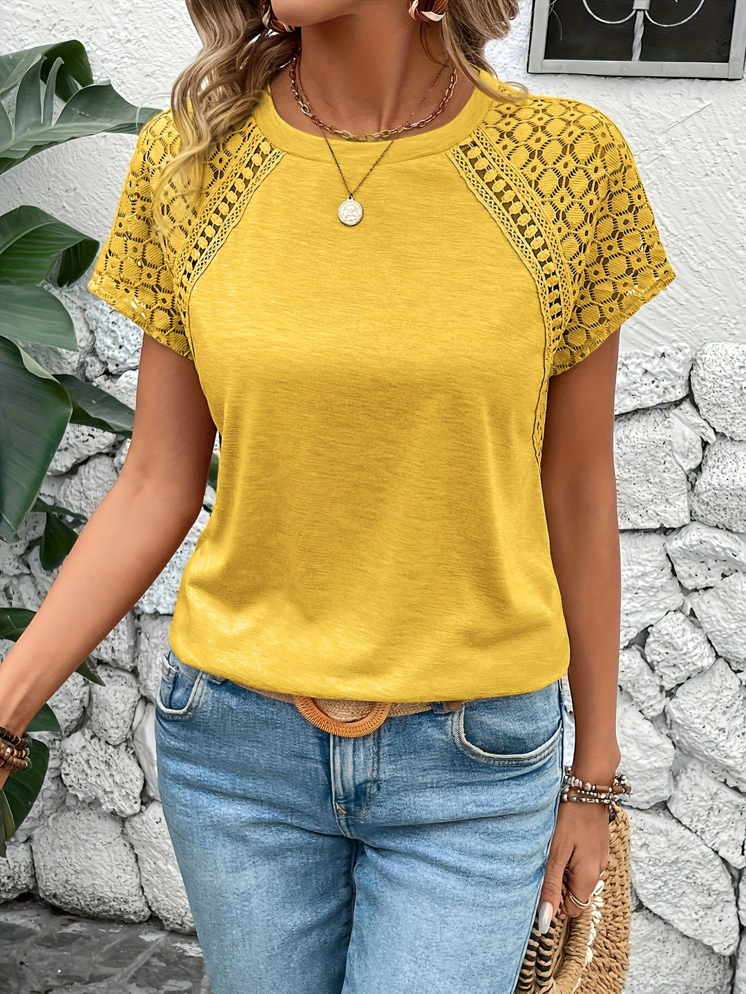 Delphina | Lace-Sleeve Round Neck Top