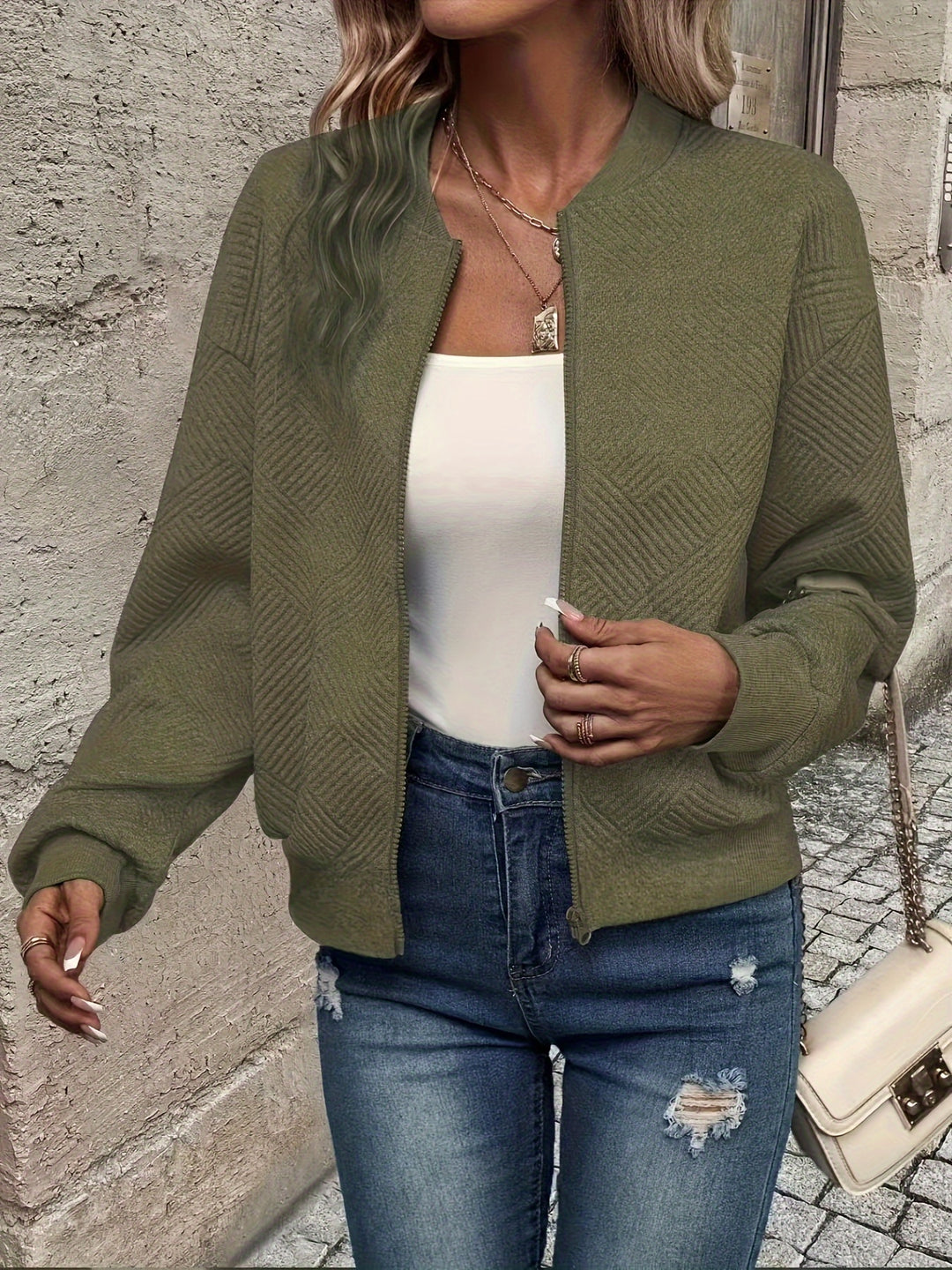 Delia | Textured Zip-Up Bomber Jacket