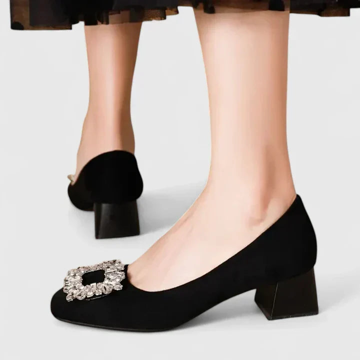 Theodora | Crystal-Buckle Block Heels