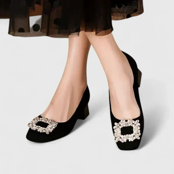 Theodora | Crystal-Buckle Block Heels