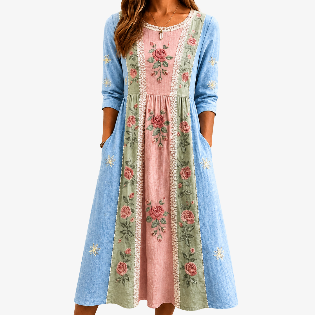 Yvaine | Embroidered Rose Patchwork Midi Dress