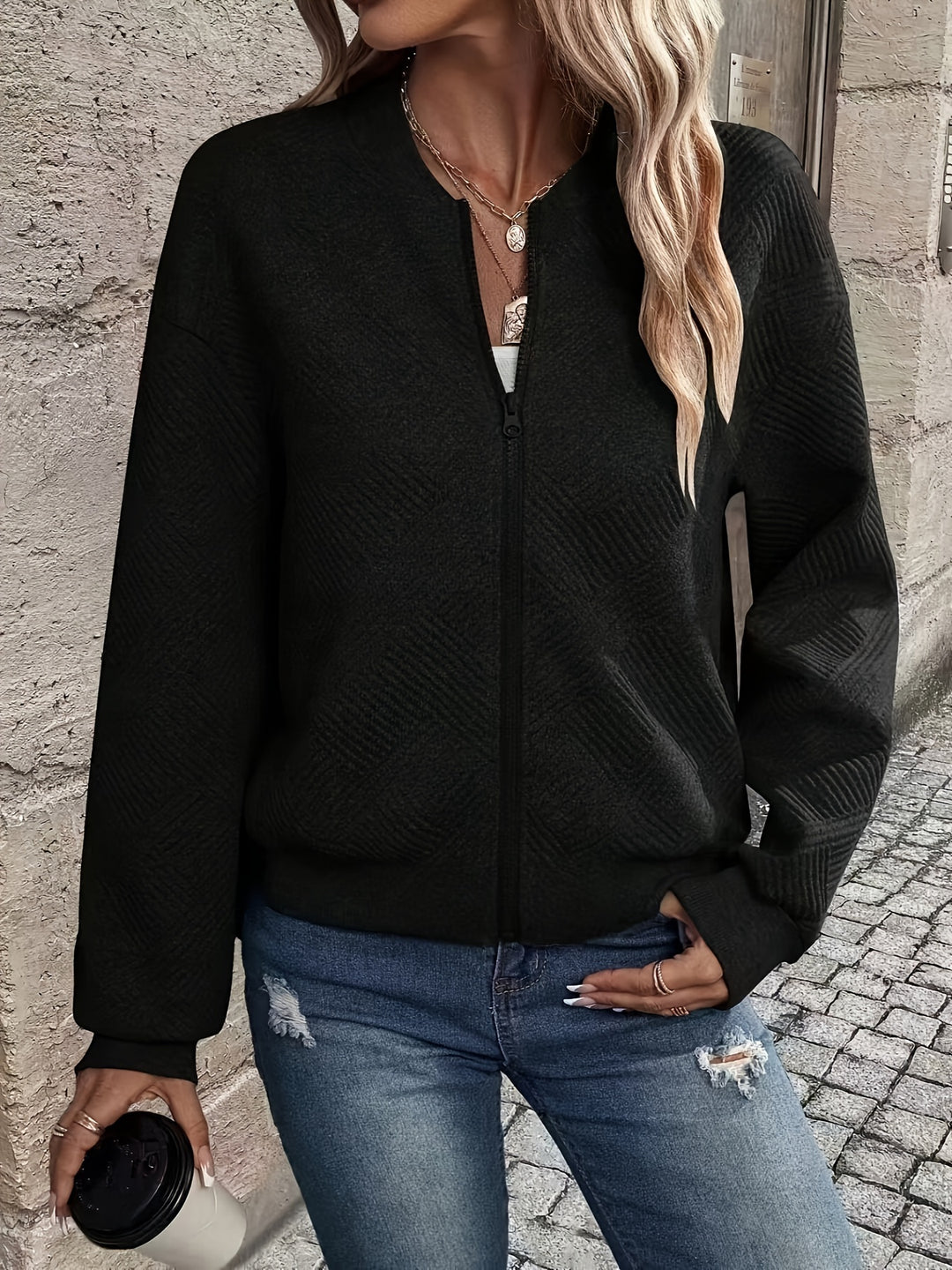 Delia | Textured Zip-Up Bomber Jacket