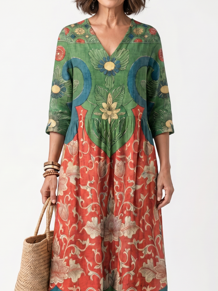 Darcy | Mixed-Print V-Neck Midi Dress