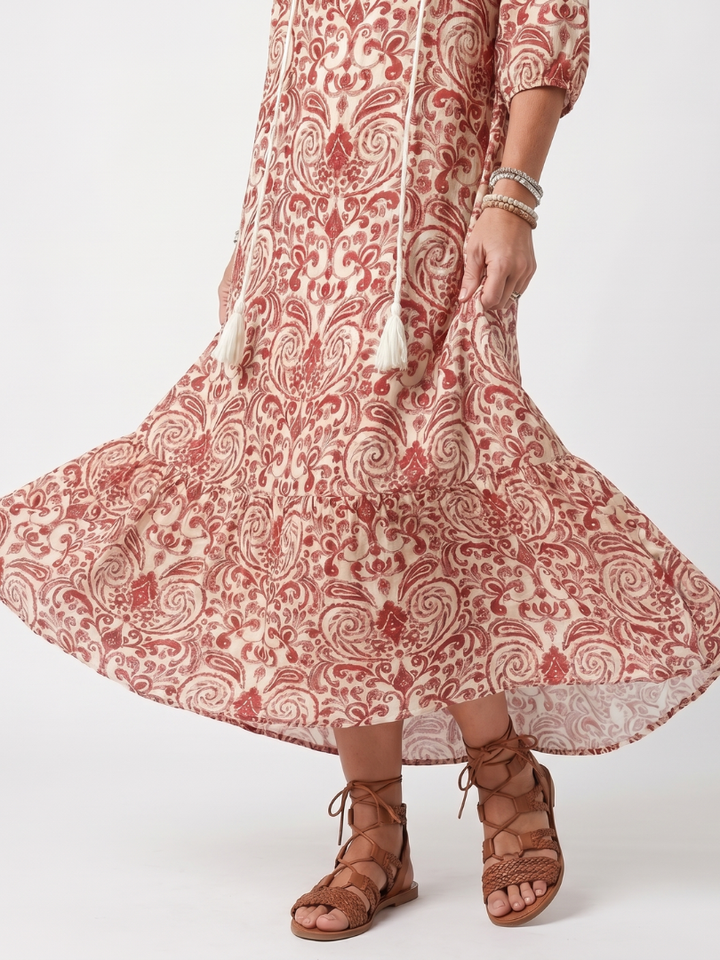 Maisie | Ornate Print Tassel-Tie Midi Dress