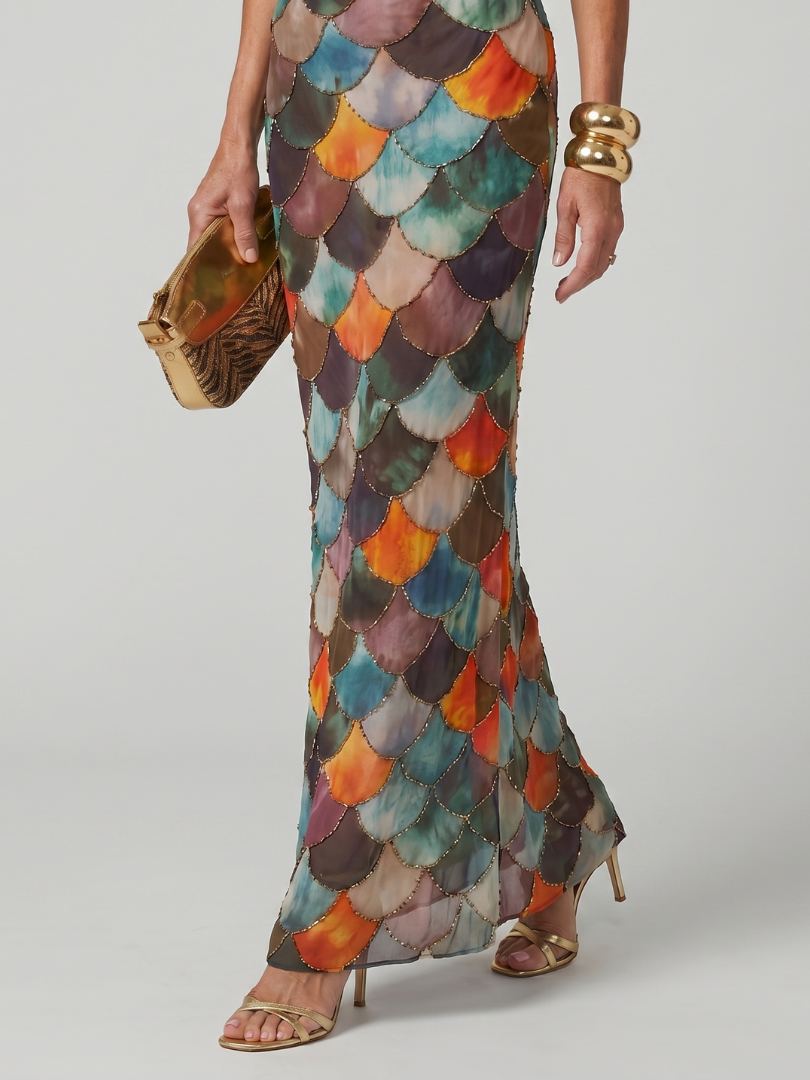 Elara | Fitted Scale-Pattern Maxi Dress