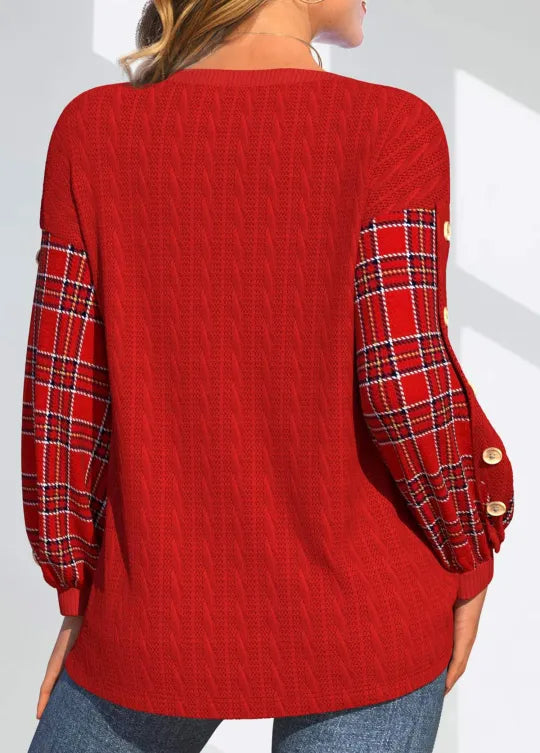 Juliet | Checked-Sleeve Textured Sweater