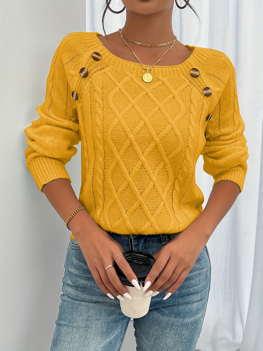 Eleanora | Cable-Knit Button-Trim Jumper