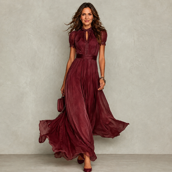 Anthea | Pleated Ruffle-Neck Maxi Dress