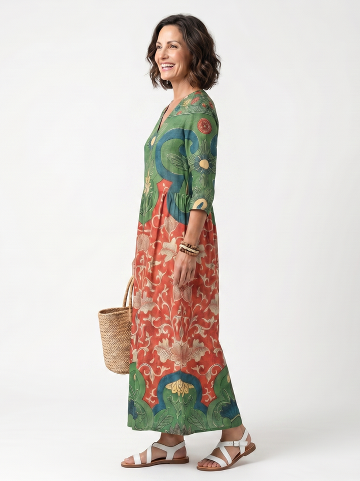 Darcy | Mixed-Print V-Neck Midi Dress