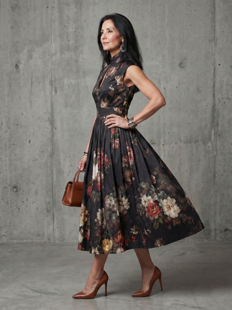 Charlotte | High-Neck Keyhole Floral Midi Dress