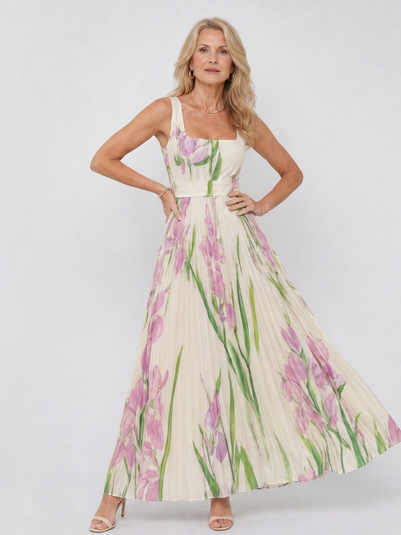 Melody | Pleated Floral Square-Neck Dress