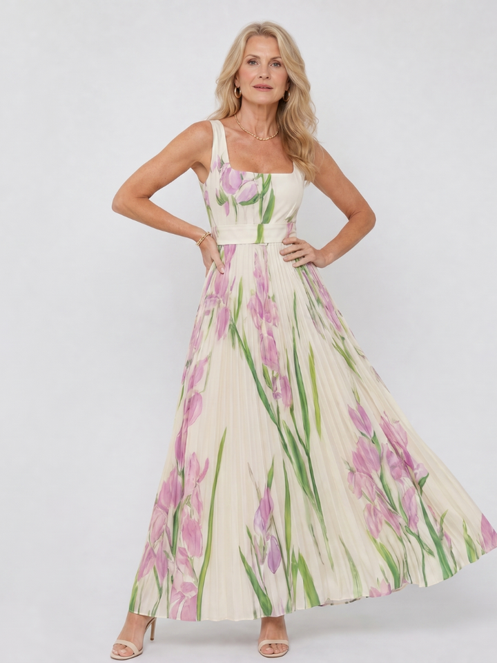 Melody | Pleated Floral Square-Neck Dress