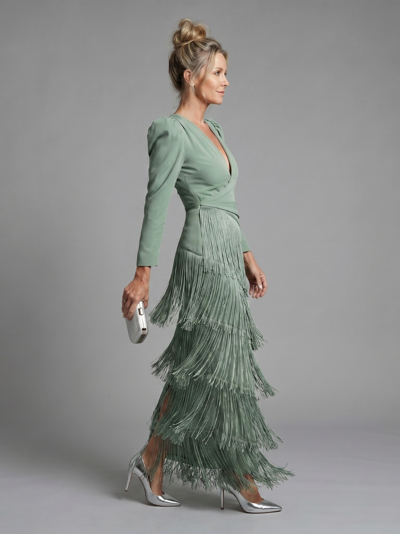 Marla | Long Sleeve Fringe Midi Dress