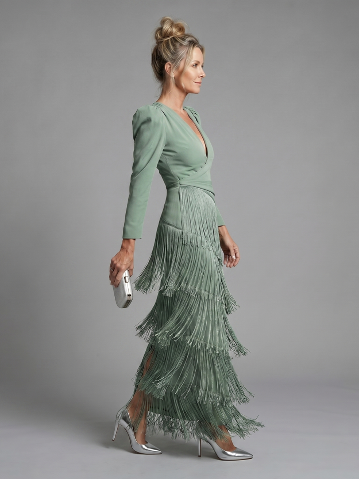 Marla | Long Sleeve Fringe Midi Dress