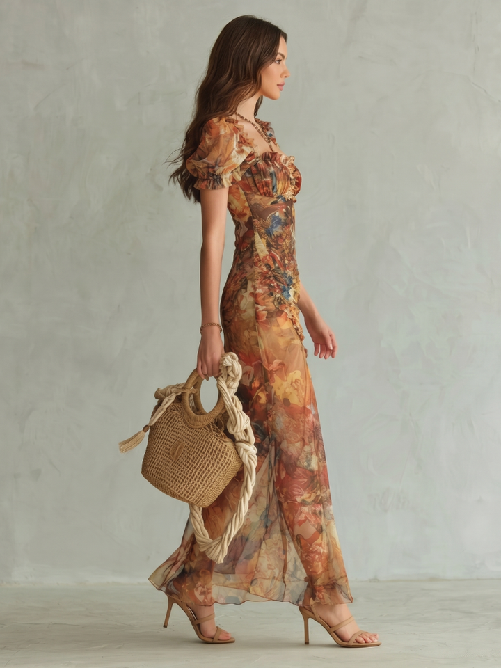 Aurora | Ruffled-Sleeve Ruched Midi Dress