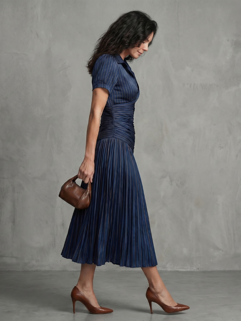 Meredith | Pleated Waistline Stripe Midi Dress