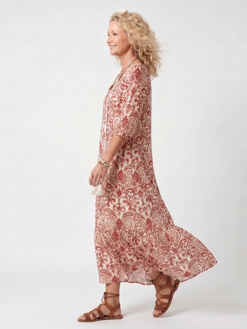 Maisie | Ornate Print Tassel-Tie Midi Dress