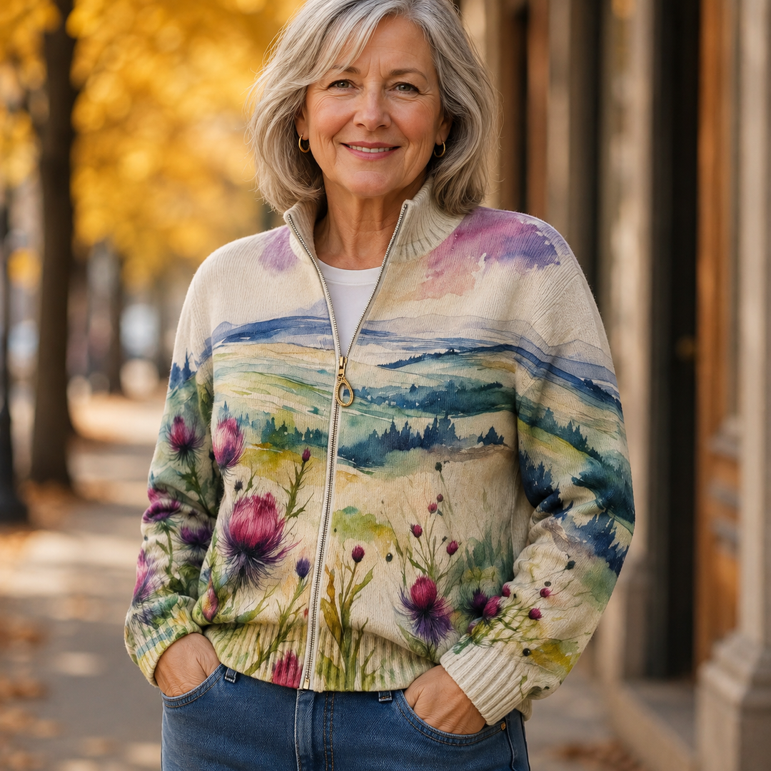 Isla | Watercolour Landscape Zip Cardigan